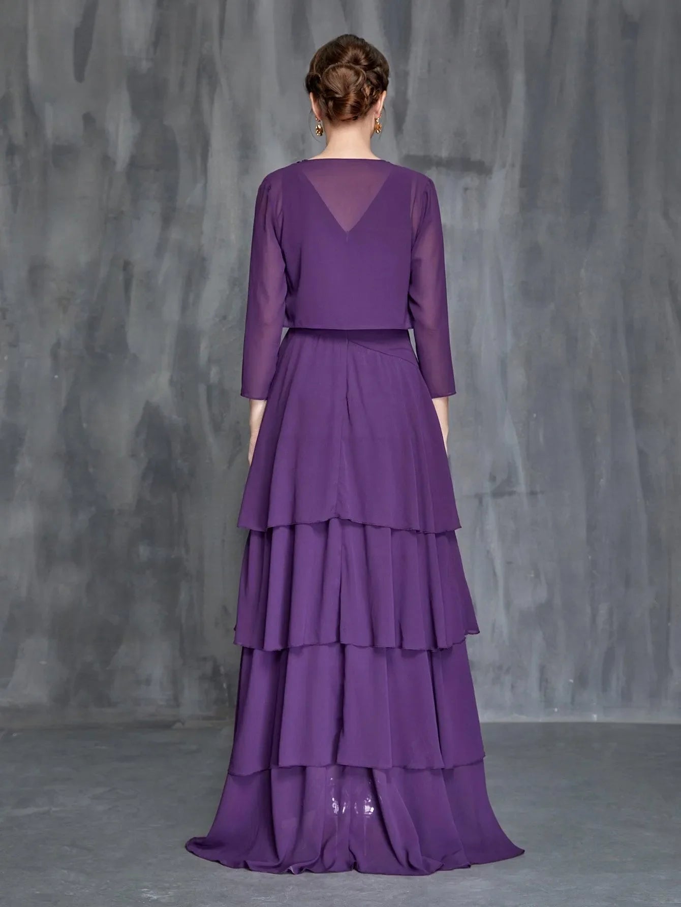 V-neckline long sleeves Womens' Layered Hem Dress  Chiffon Cardigan mother of the bride dress