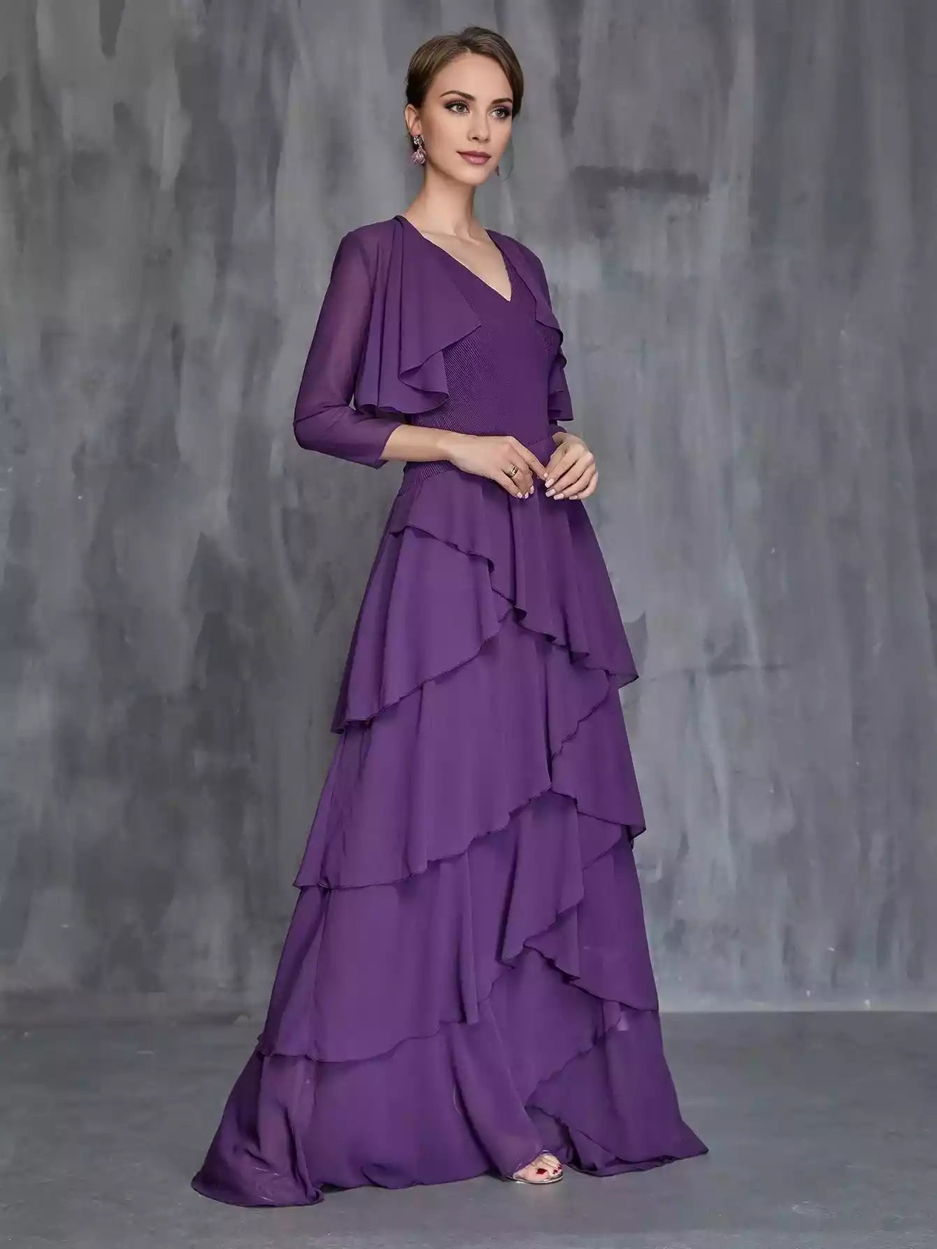 V-neckline long sleeves Womens' Layered Hem Dress  Chiffon Cardigan mother of the bride dress