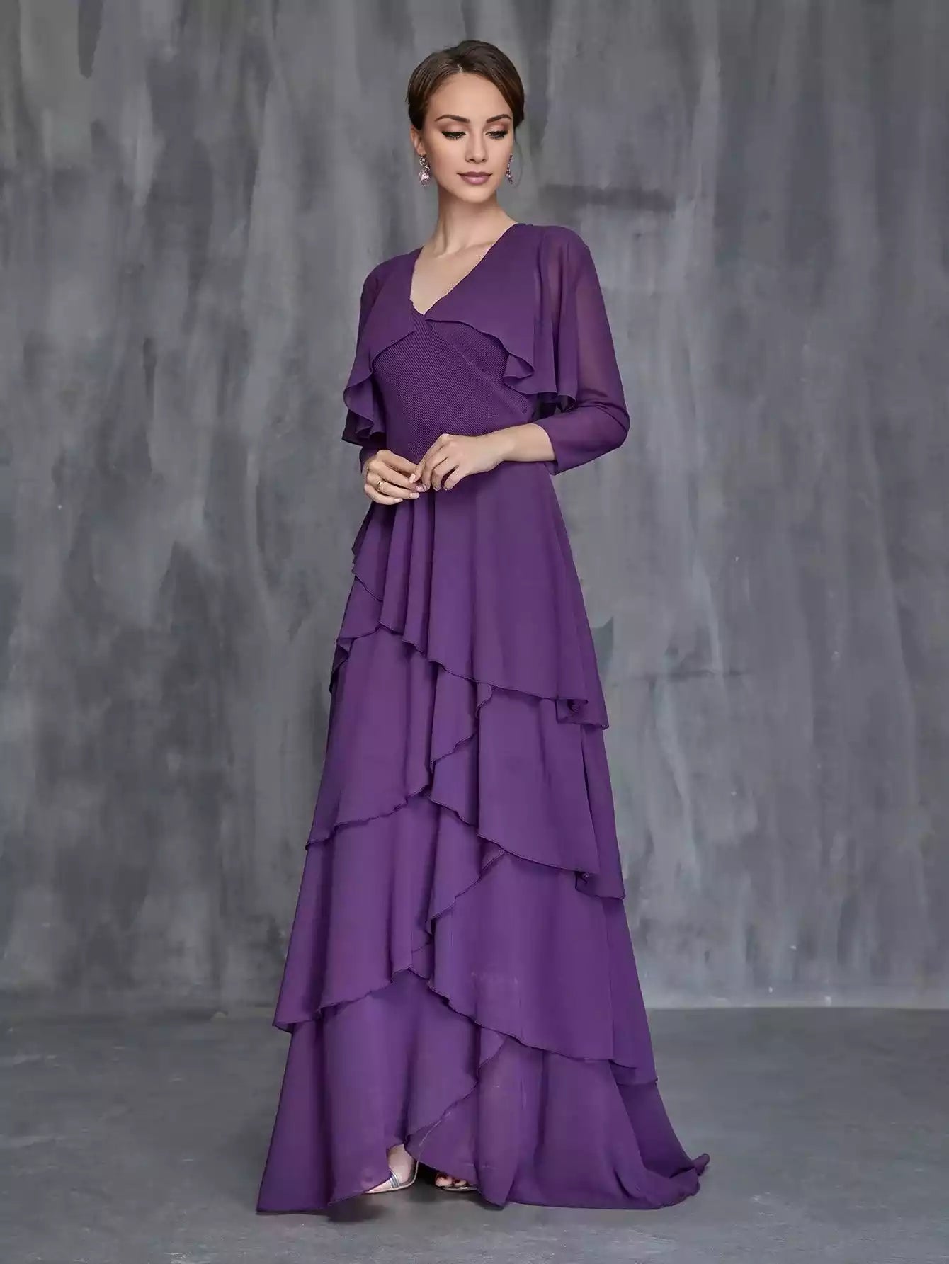 V-neckline long sleeves Womens' Layered Hem Dress  Chiffon Cardigan mother of the bride dress