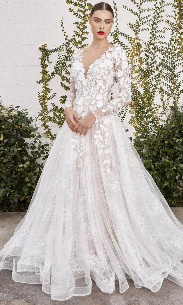 V Neck Applique Long Sleeve Bridal Gown Wedding Dresses