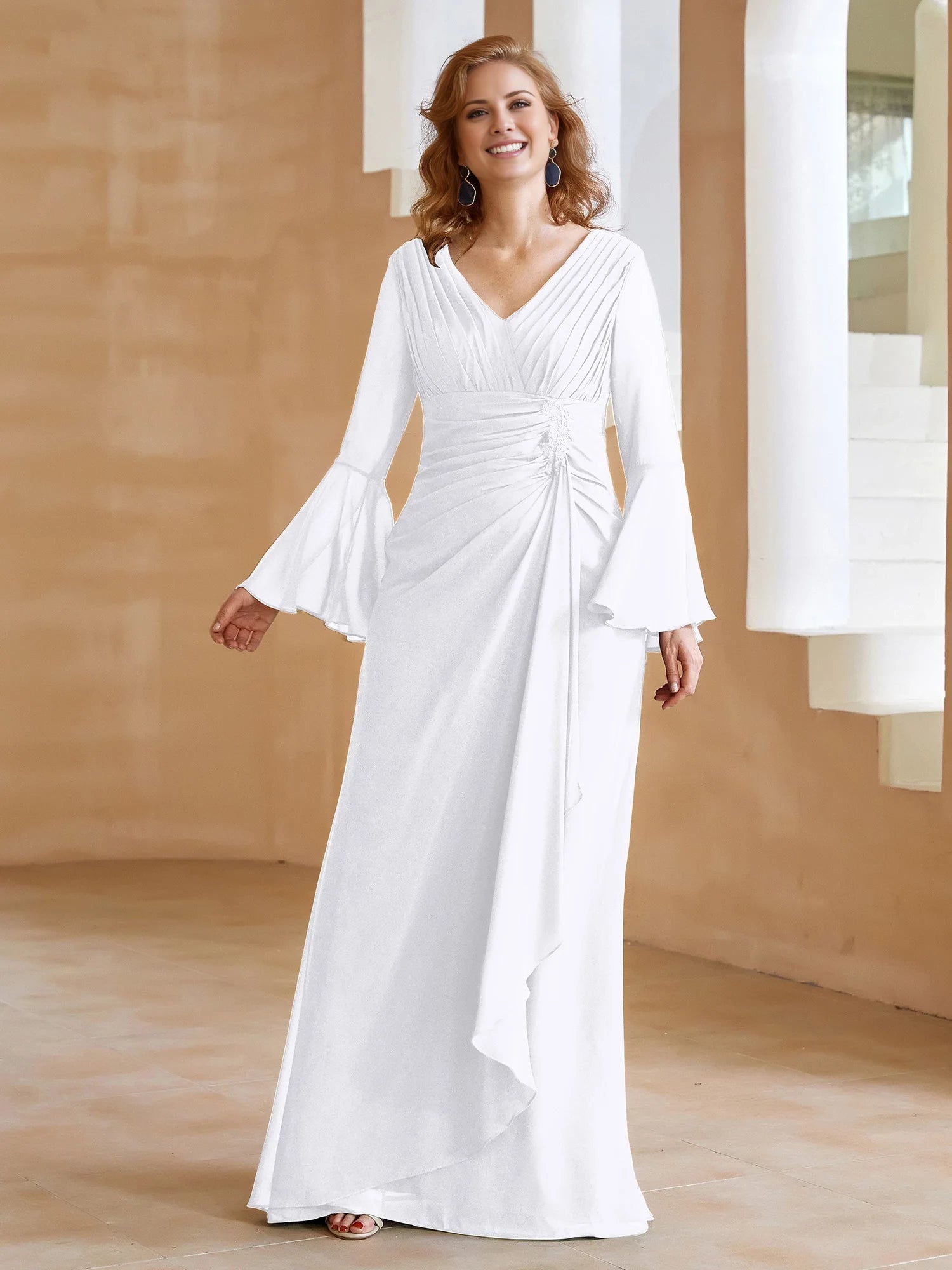 V Neck Pleated Floor-Length Dress Mother of the Bride Dresses