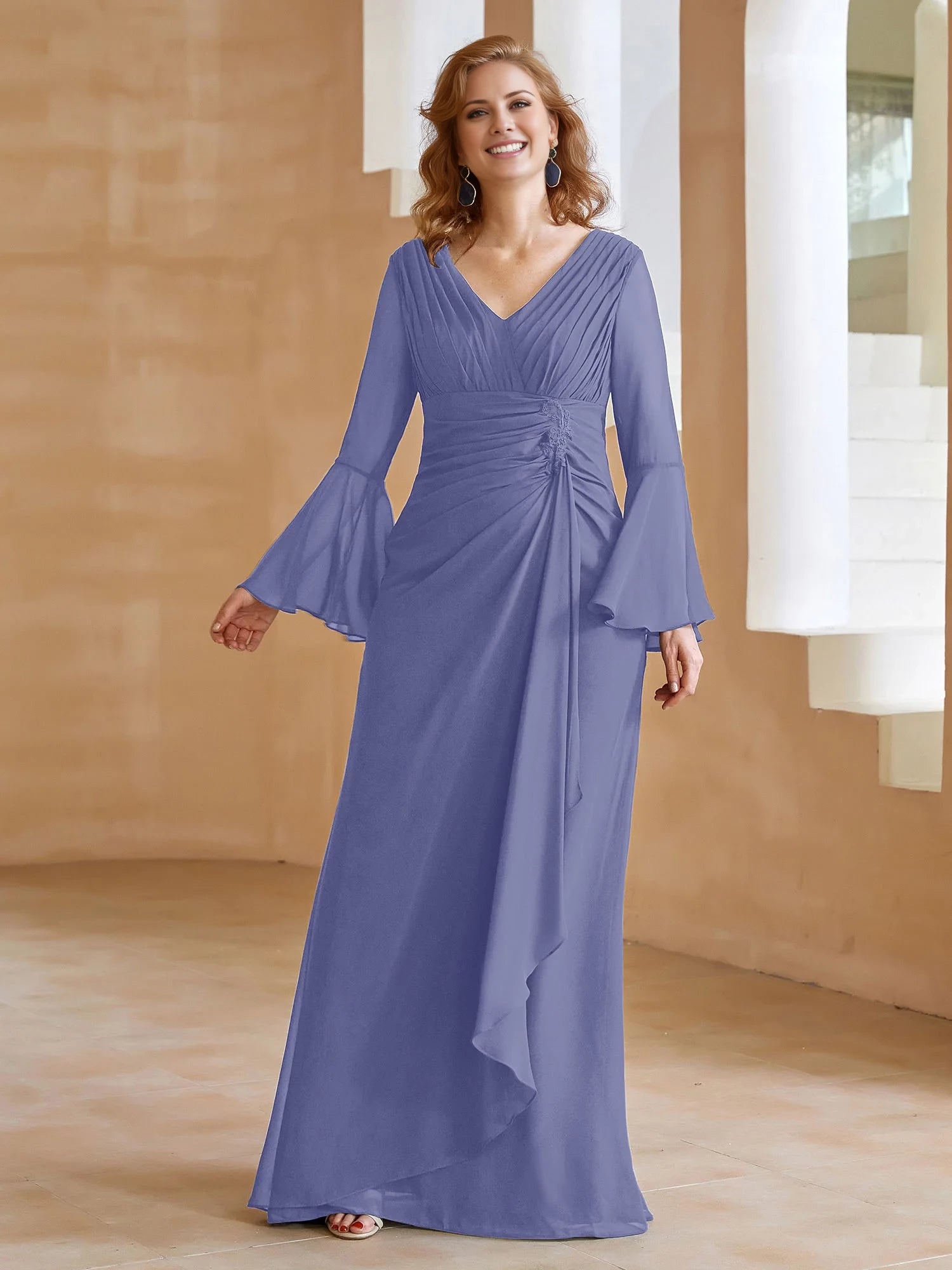 V Neck Pleated Floor-Length Dress Mother of the Bride Dresses