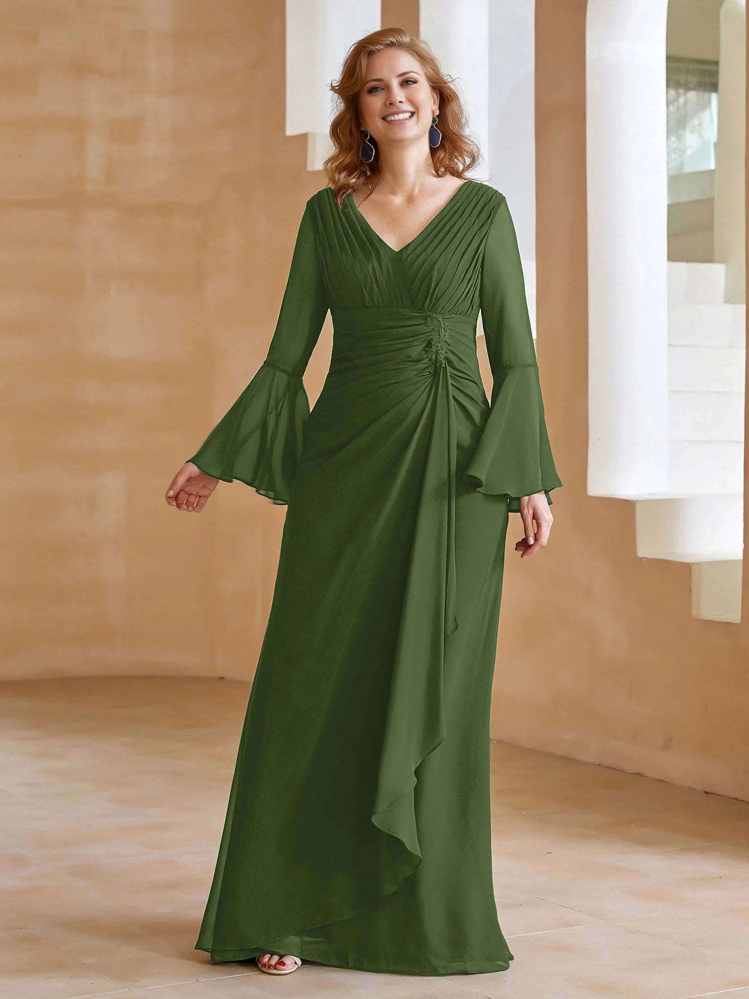 V Neck Pleated Floor-Length Dress Mother of the Bride Dresses