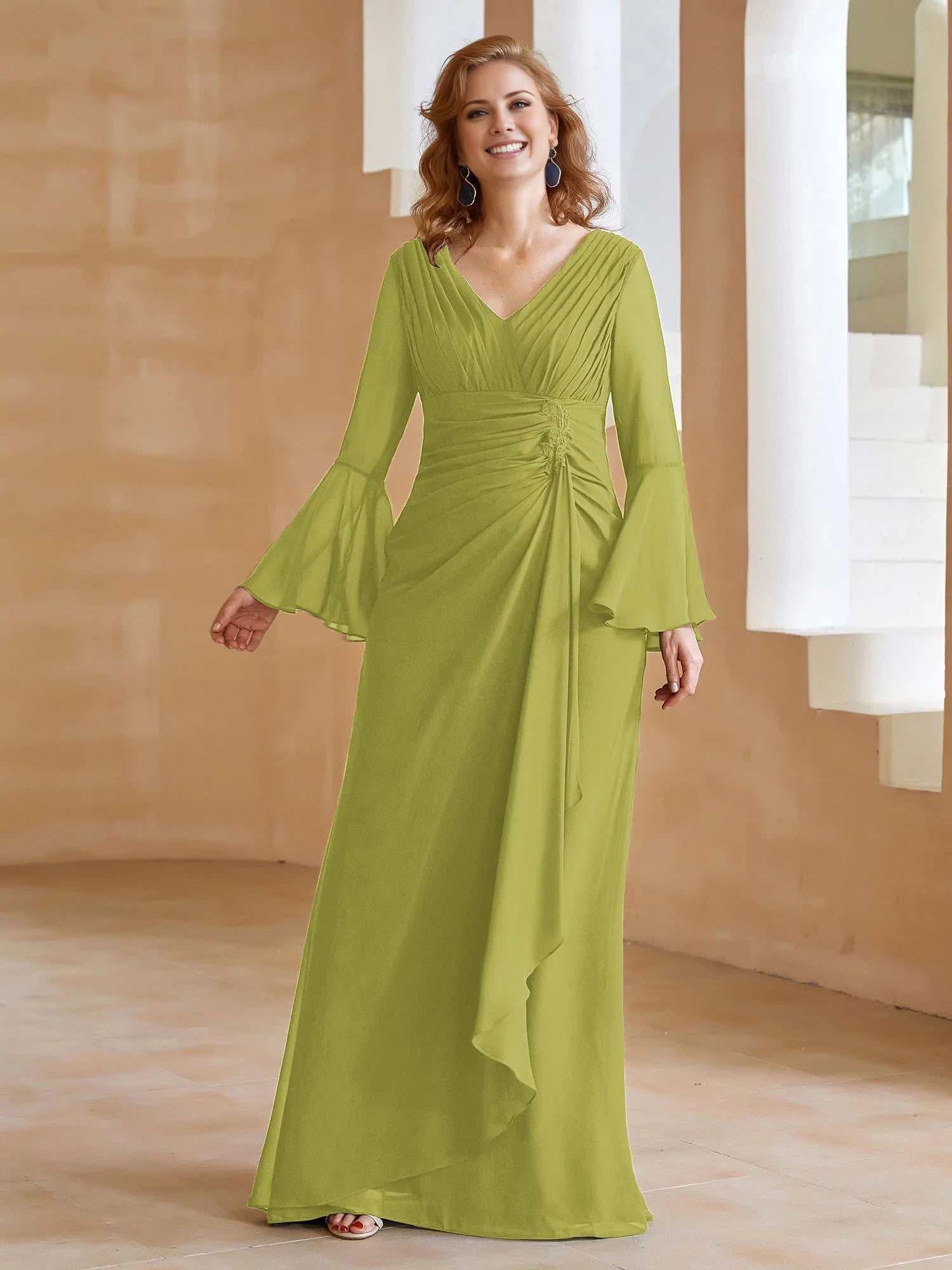 V Neck Pleated Floor-Length Dress Mother of the Bride Dresses