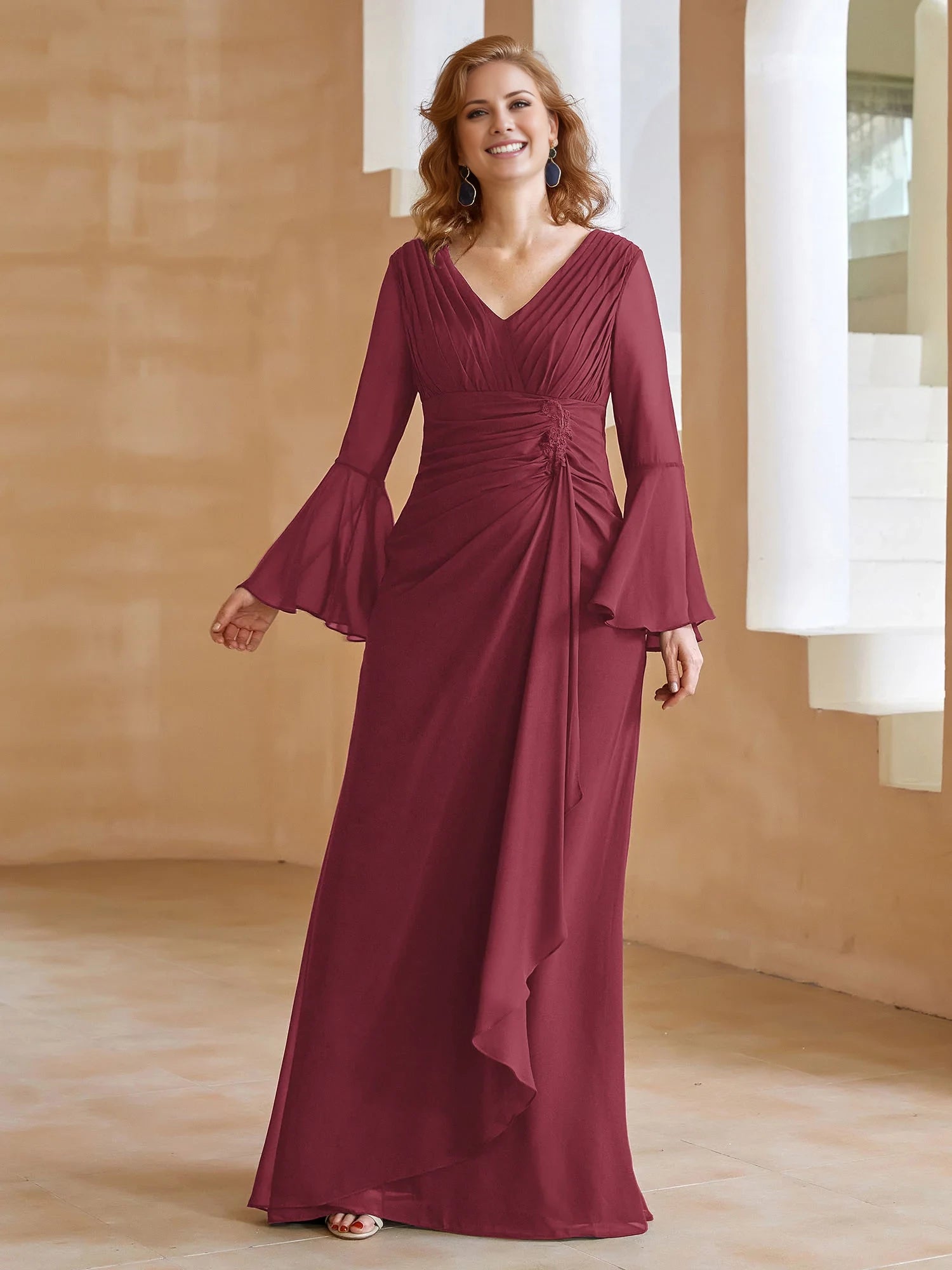 V Neck Pleated Floor-Length Dress Mother of the Bride Dresses