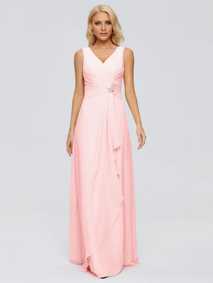 V Neck Sleeveless Chiffon Twist-Front Bridesmaid Dresses
