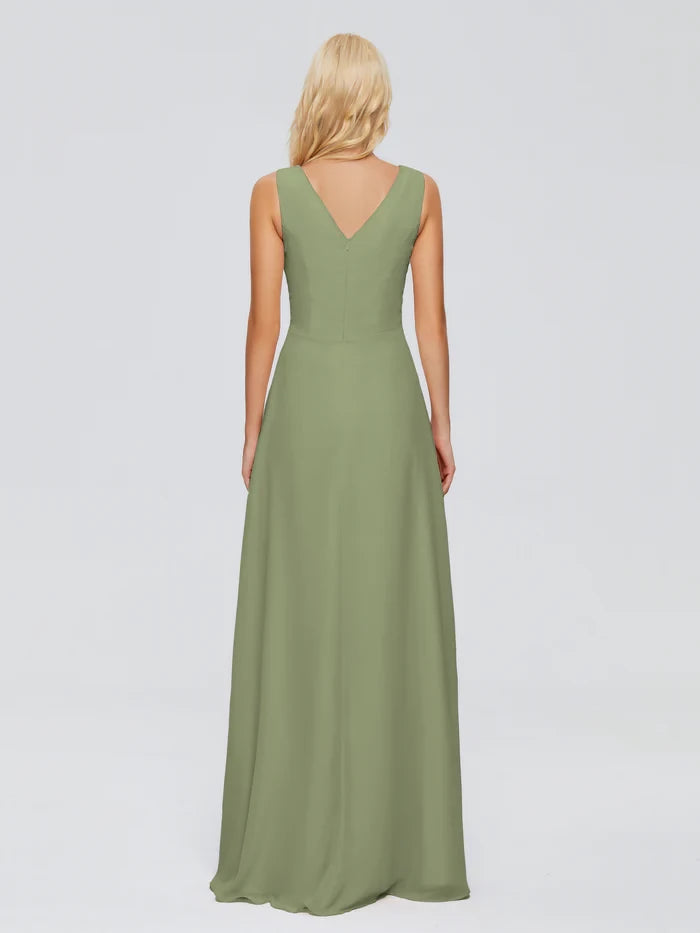 V Neck Sleeveless Chiffon Twist-Front Bridesmaid Dresses