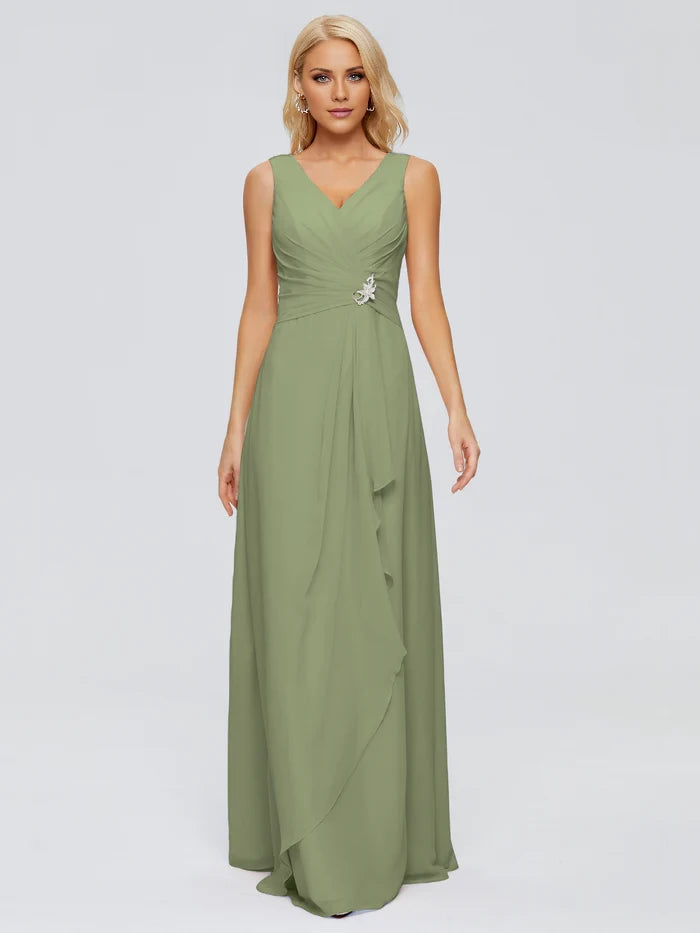 V Neck Sleeveless Chiffon Twist-Front Bridesmaid Dresses