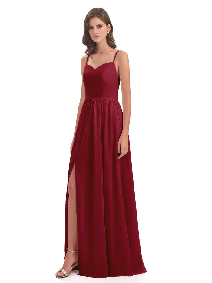 V Neck Spaghetti Straps Split Chiffon Bridesmaid Dresses