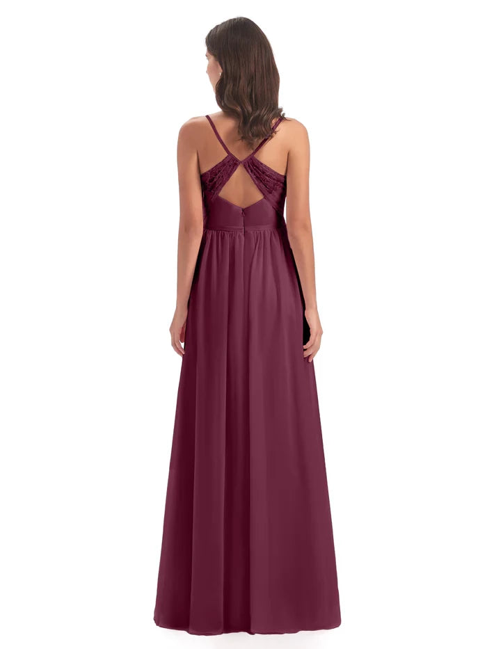 V Neck Spaghetti Straps Split Chiffon Bridesmaid Dresses