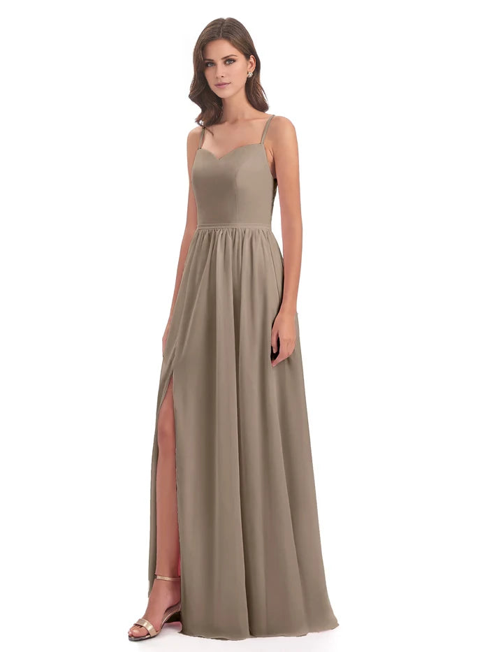 V Neck Spaghetti Straps Split Chiffon Bridesmaid Dresses