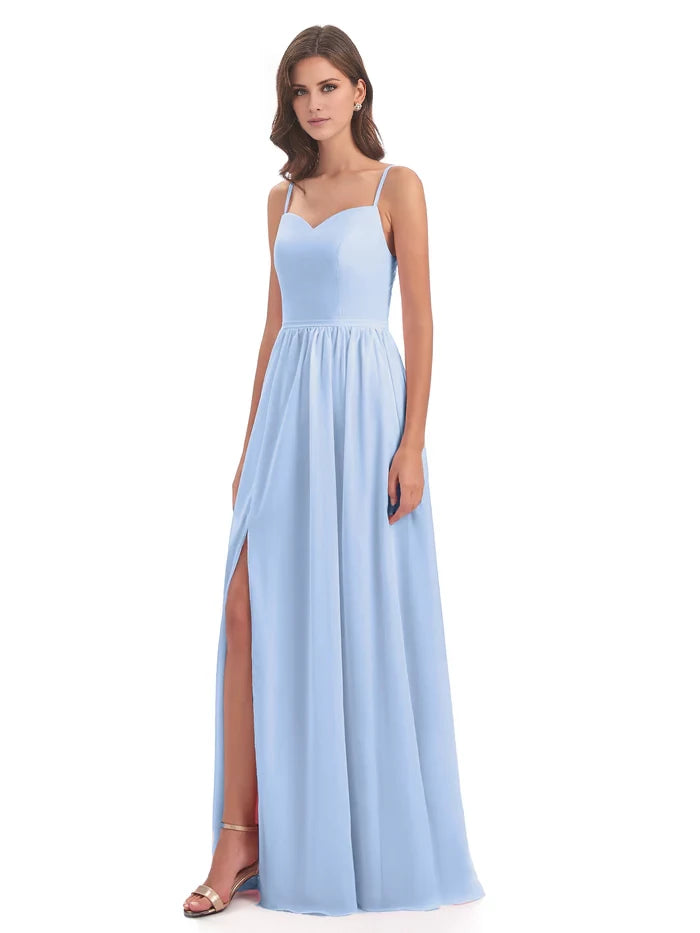 V Neck Spaghetti Straps Split Chiffon Bridesmaid Dresses