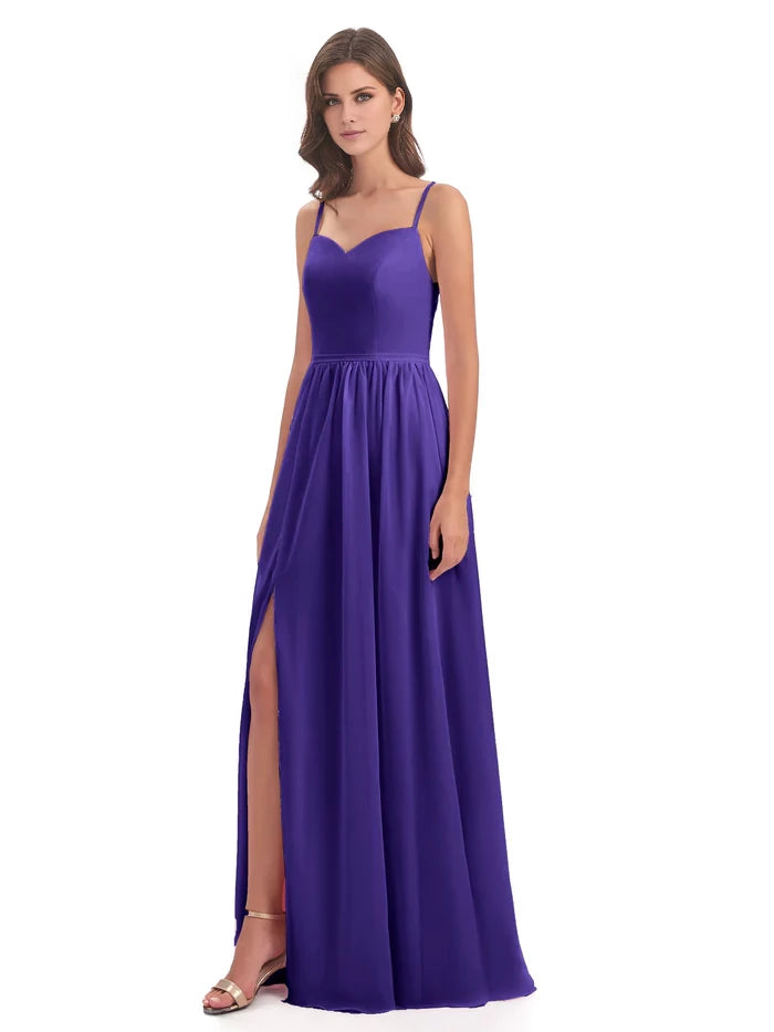 V Neck Spaghetti Straps Split Chiffon Bridesmaid Dresses