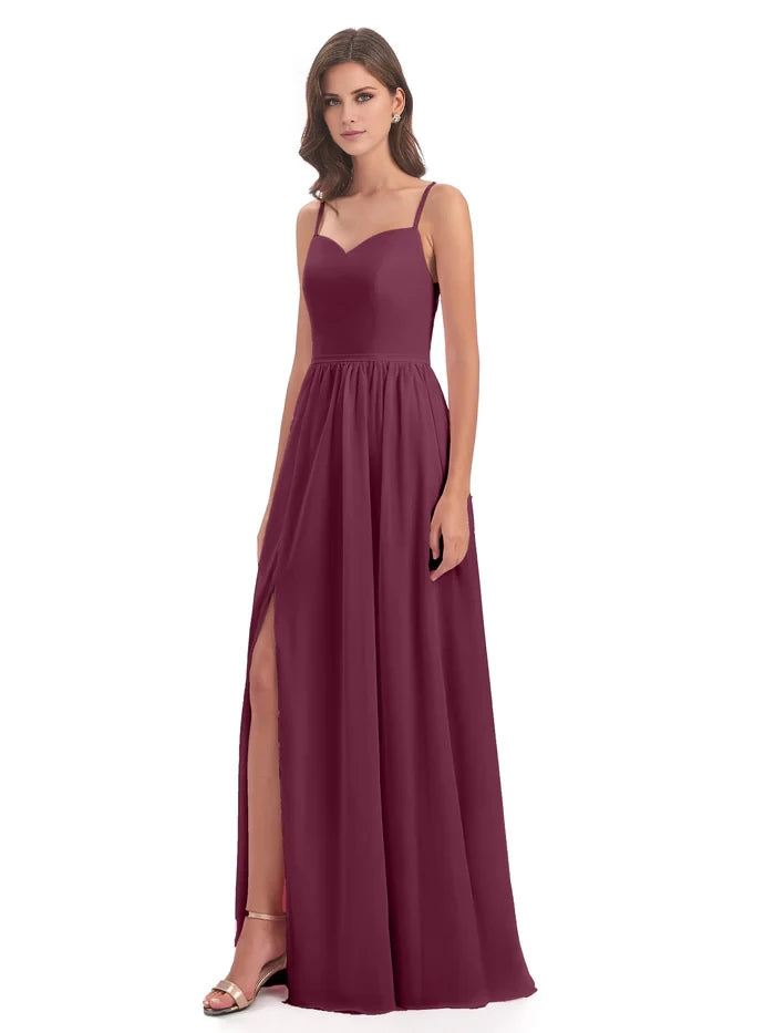 V Neck Spaghetti Straps Split Chiffon Bridesmaid Dresses