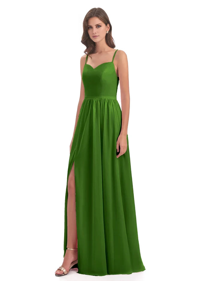 V Neck Spaghetti Straps Split Chiffon Bridesmaid Dresses