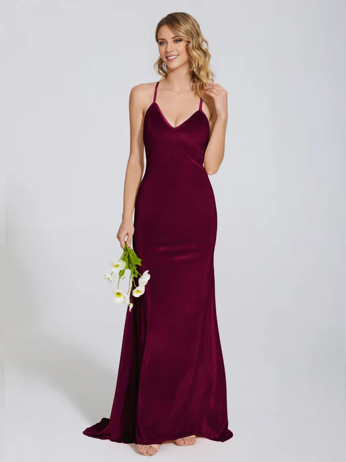 V Neck Spaghetti Straps Velvet Trumpet Bridesmaid Dress