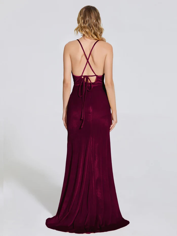 V Neck Spaghetti Straps Velvet Trumpet Bridesmaid Dress