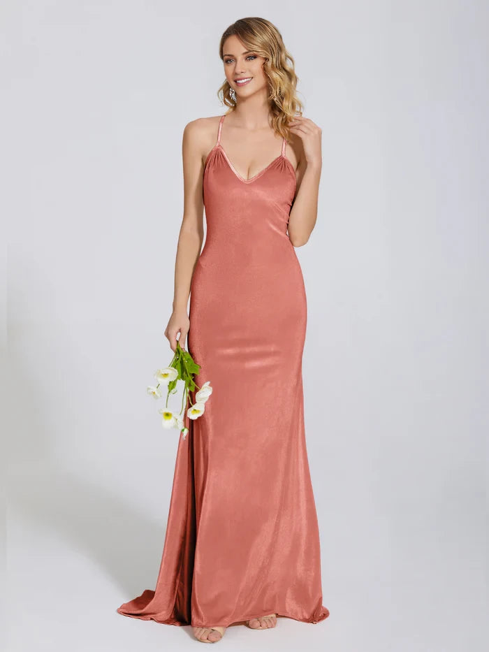V Neck Spaghetti Straps Velvet Trumpet Bridesmaid Dress