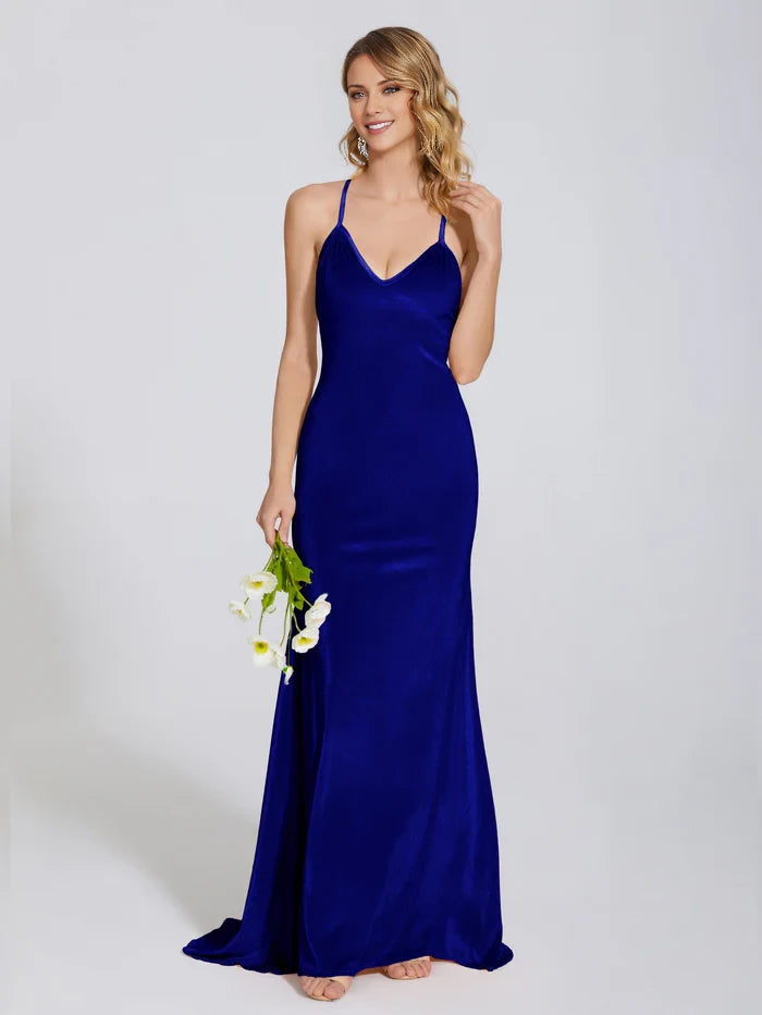V Neck Spaghetti Straps Velvet Trumpet Bridesmaid Dress