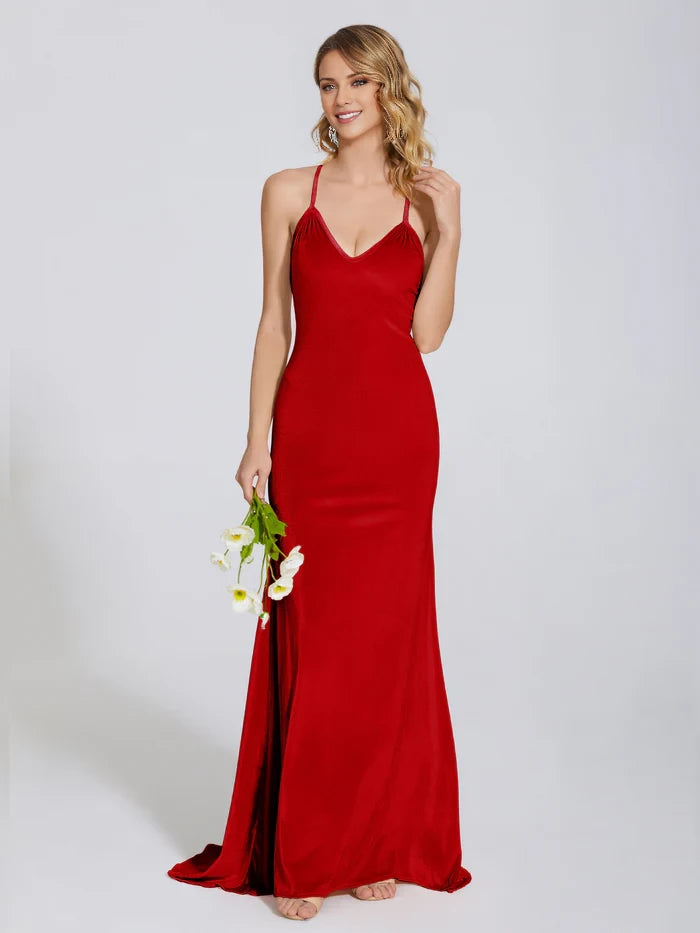 V Neck Spaghetti Straps Velvet Trumpet Bridesmaid Dress