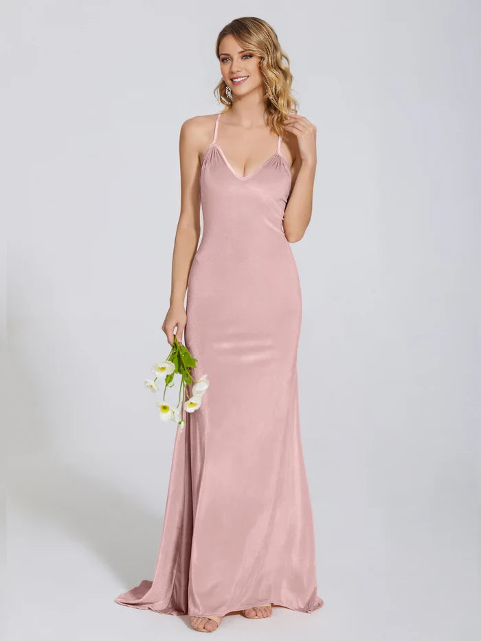 V Neck Spaghetti Straps Velvet Trumpet Bridesmaid Dress