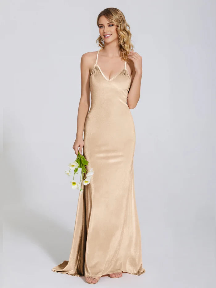 V Neck Spaghetti Straps Velvet Trumpet Bridesmaid Dress