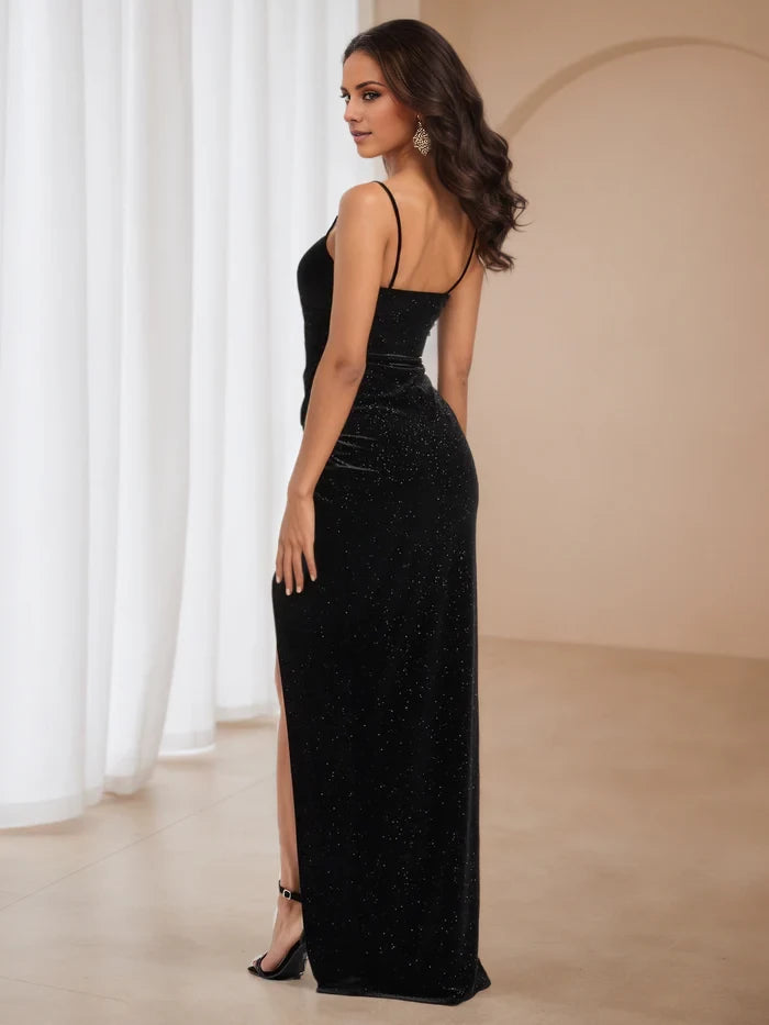 Velvet Black Dress Spaghetti Straps Sheath Column Prom Dresses