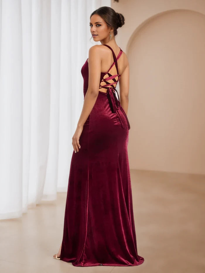 Velvet Burgundy Square Neck Prom Dresses