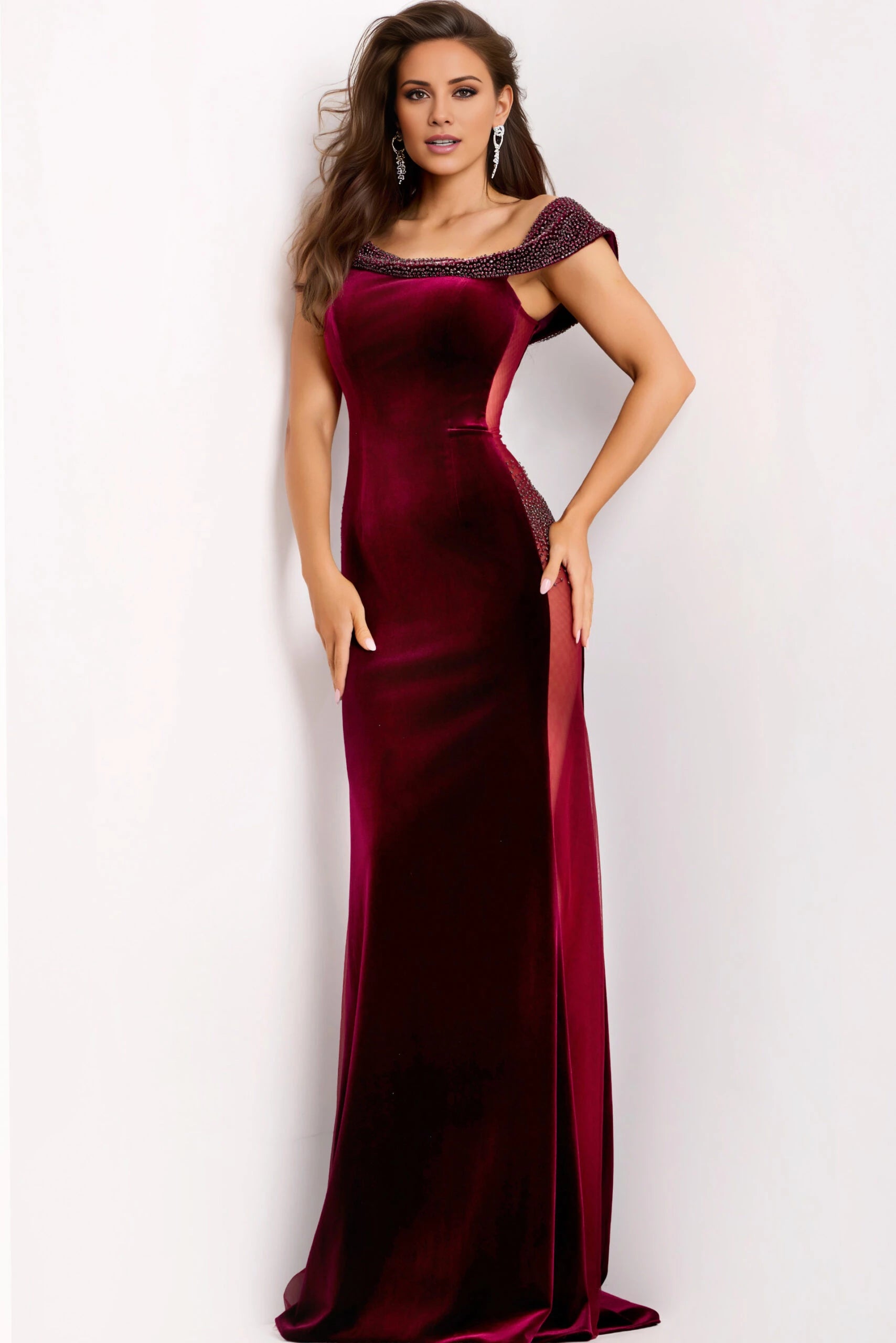 Velvet Gown With Beaded Trim and Sheer Side Panels  Evening Dresses