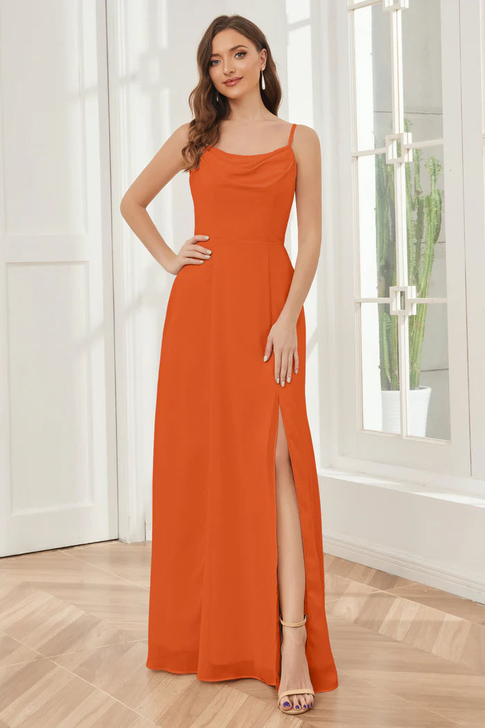 Vibrant A-Line Cowl-Neck Spaghetti-Strap Open-Back Tangerine Chiffon Floor-Length Bridesmaid Dresses