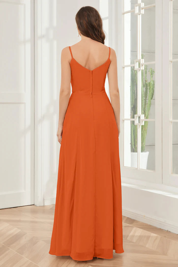 Vibrant A-Line Cowl-Neck Spaghetti-Strap Open-Back Tangerine Chiffon Floor-Length Bridesmaid Dresses