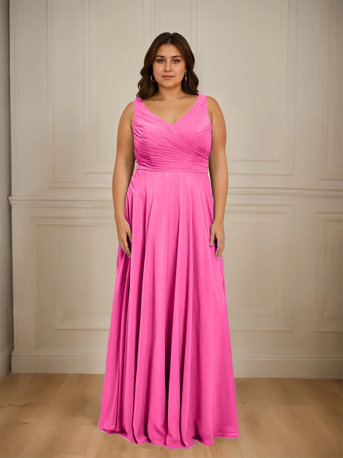 Plus Size Vibrant A-Line Deep-V Sleeveless Bow-Back Floor-Length Plus-Size Bridesmaid Dresses