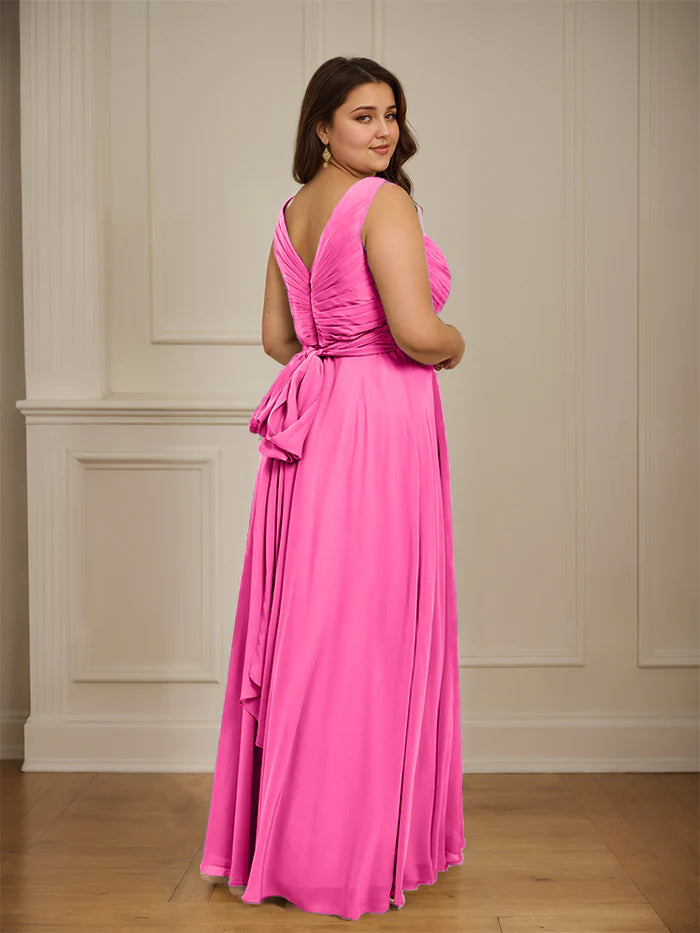 Plus Size Vibrant A-Line Deep-V Sleeveless Bow-Back Floor-Length Plus-Size Bridesmaid Dresses