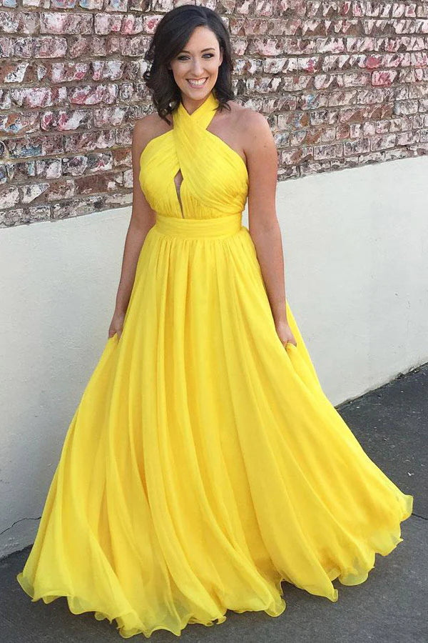 Vibrant A-Line Halter-Neck Cut-Out-Front Sunflower Yellow Chiffon Floor-Length Bridesmaid Dresses
