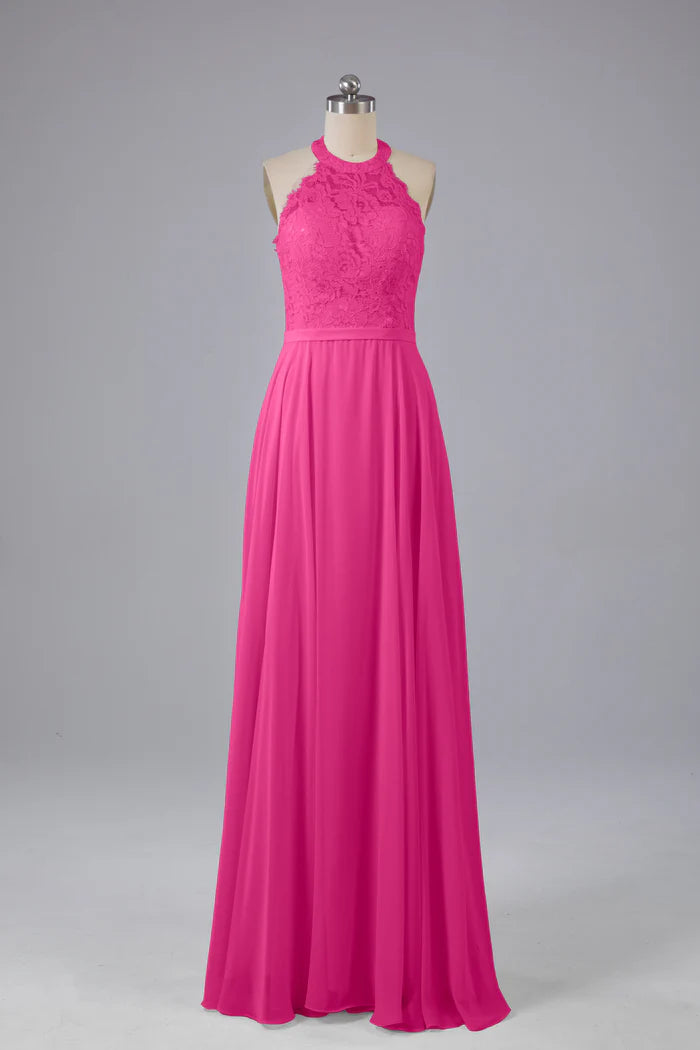 Vibrant A-Line Halter-Neck Lace Cut-Out-Back Floor-Length Bridesmaid Dresses