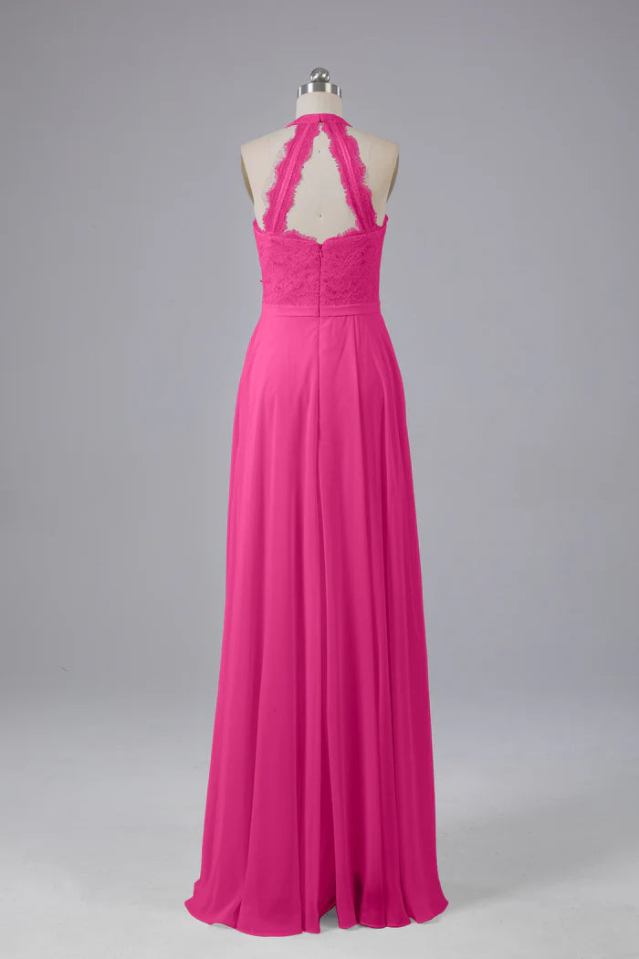 Vibrant A-Line Halter-Neck Lace Cut-Out-Back Floor-Length Bridesmaid Dresses