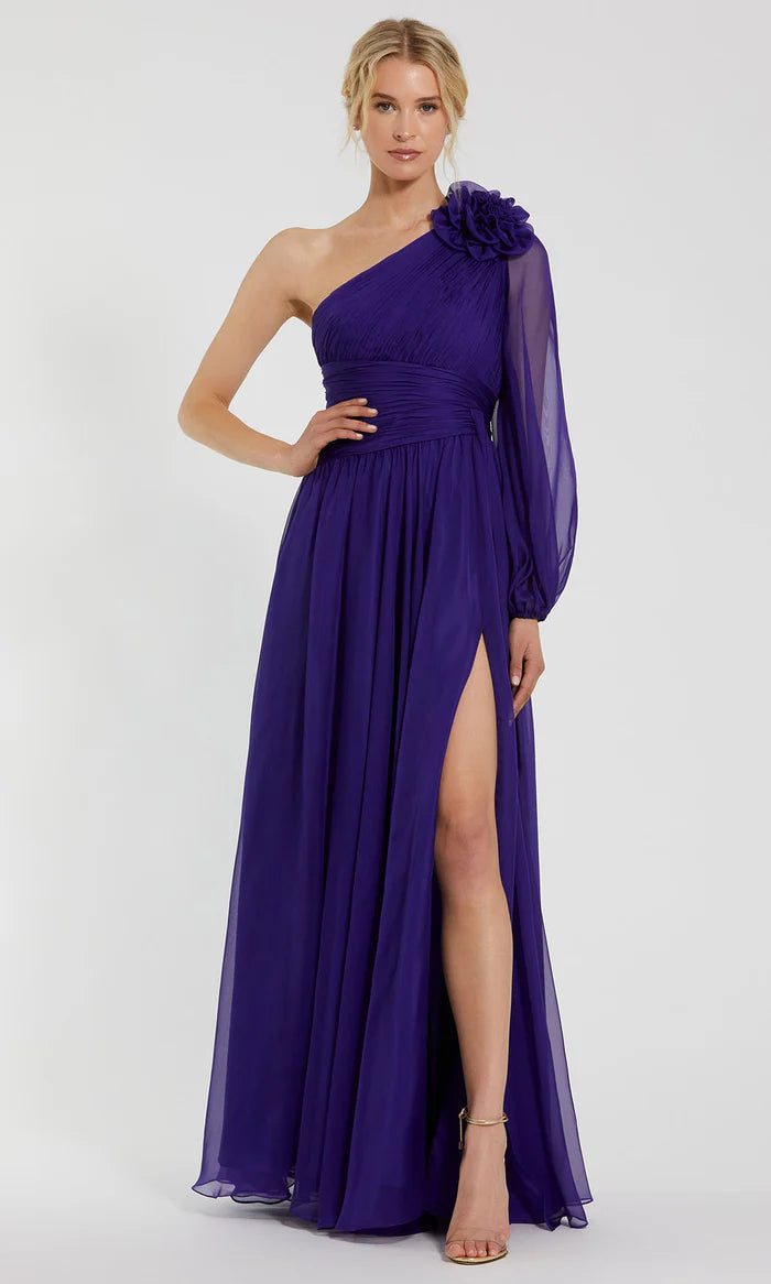 Vibrant A-Line One-Shoulder Puff-Sleeve-Zip-Back Royal Purple Chiffon Floor-Length Mother of the Bride Dresses