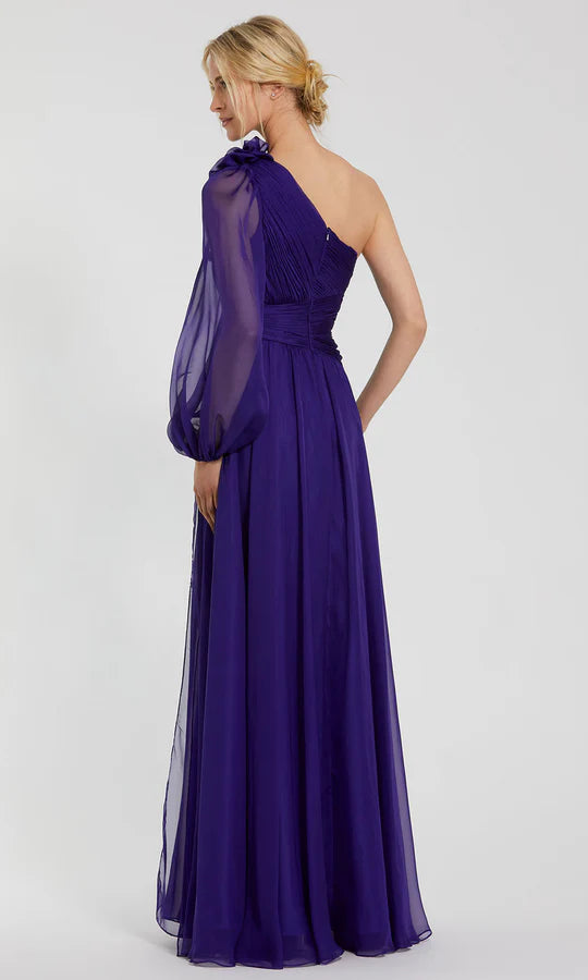 Vibrant A-Line One-Shoulder Puff-Sleeve-Zip-Back Royal Purple Chiffon Floor-Length Mother of the Bride Dresses