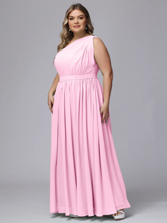Plus Size Vibrant A-Line One-Shoulder Sleeveless Open-Back Blush Pink Chiffon Plus-Size Floor-Length Bridesmaid Dresses