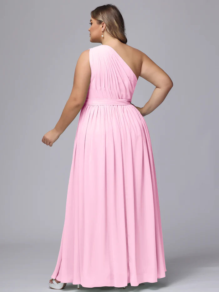 Plus Size Vibrant A-Line One-Shoulder Sleeveless Open-Back Blush Pink Chiffon Plus-Size Floor-Length Bridesmaid Dresses