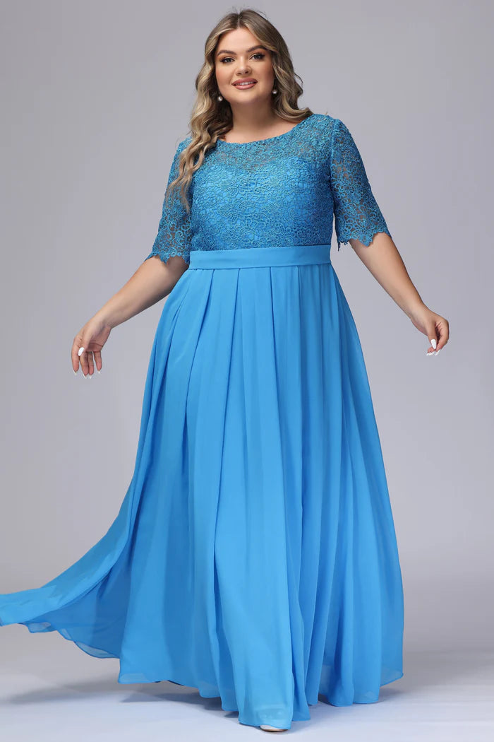 Plus Size Vibrant A-Line Scoop-Neck Three-Quarter-Lace-Sleeve Closed-Back Turquoise Chiffon Floor-Length Bridesmaid Dresses