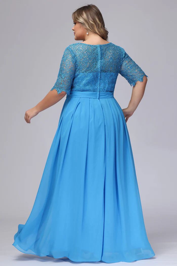 Plus Size Vibrant A-Line Scoop-Neck Three-Quarter-Lace-Sleeve Closed-Back Turquoise Chiffon Floor-Length Bridesmaid Dresses