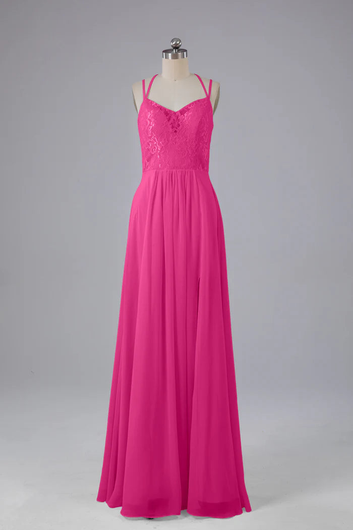 Vibrant A-Line Sweetheart Lace Spaghetti-Strap Cross-Back Floor-Length Bridesmaid Dresses