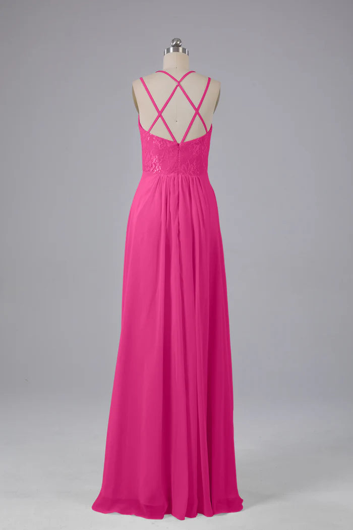 Vibrant A-Line Sweetheart Lace Spaghetti-Strap Cross-Back Floor-Length Bridesmaid Dresses