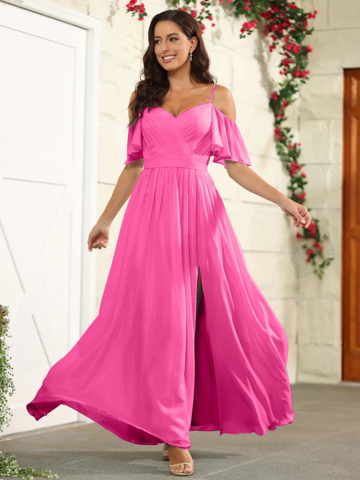 Vibrant A-Line Sweetheart Off-Shoulder Ruffle-Sleeve Bow-Back High-Slit Floor-Length Bridesmaid Dresses