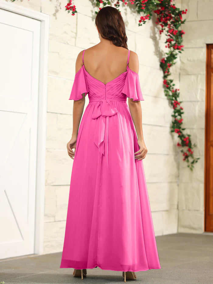 Vibrant A-Line Sweetheart Off-Shoulder Ruffle-Sleeve Bow-Back High-Slit Floor-Length Bridesmaid Dresses
