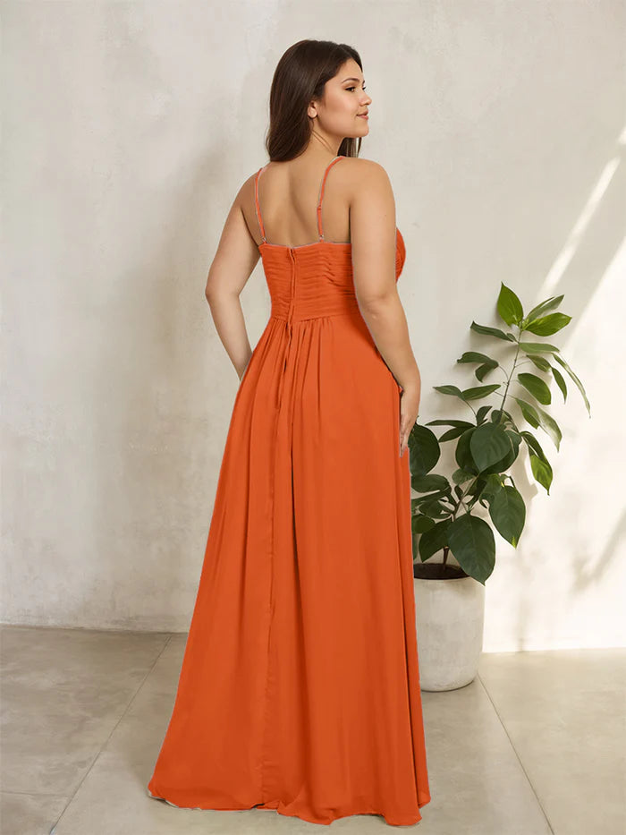 Plus Size Vibrant A-Line Sweetheart Spaghetti-Strap Ruffle-Slit Floor-Length Plus-Size Bridesmaid Dresses