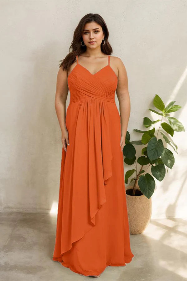Plus Size Vibrant A-Line Sweetheart Spaghetti-Strap Ruffle-Slit Floor-Length Plus-Size Bridesmaid Dresses