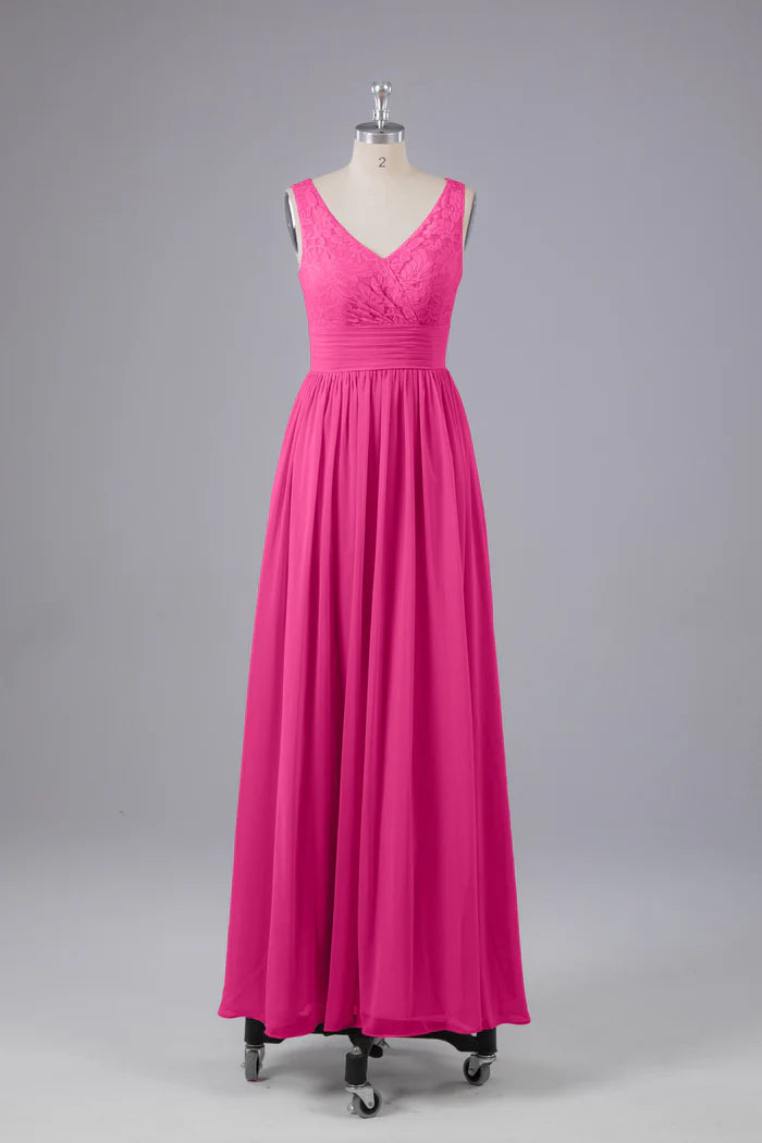 Vibrant A-Line V-Neck Sleeveless Keyhole-Back Fuchsia Chiffon Floor-Length Bridesmaid Dresses