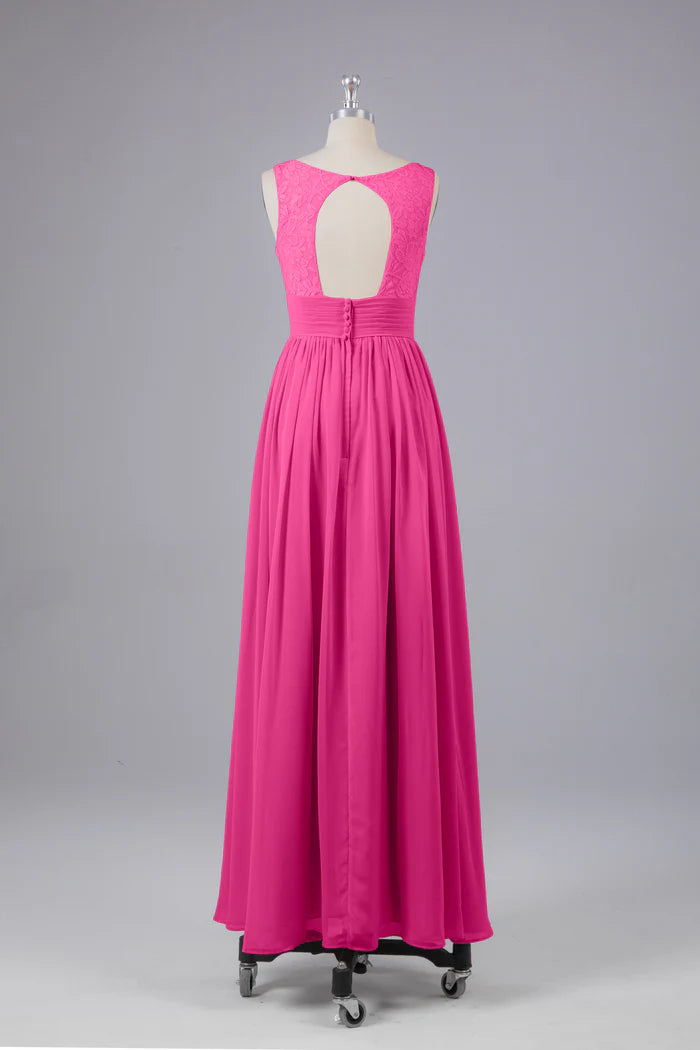 Vibrant A-Line V-Neck Sleeveless Keyhole-Back Fuchsia Chiffon Floor-Length Bridesmaid Dresses